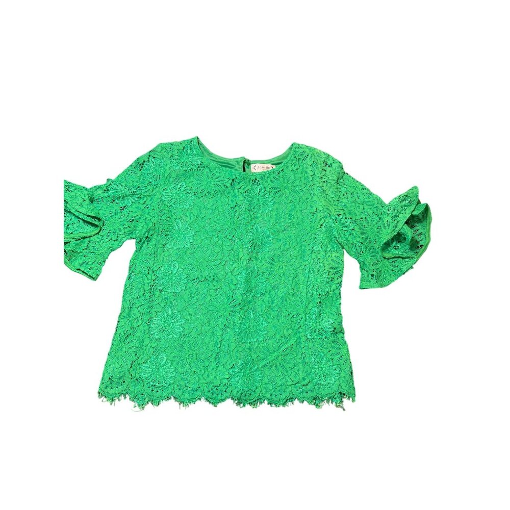 Nanette Lepore Emerald Green Lace Top Short Ruffle Sleeves Size M
